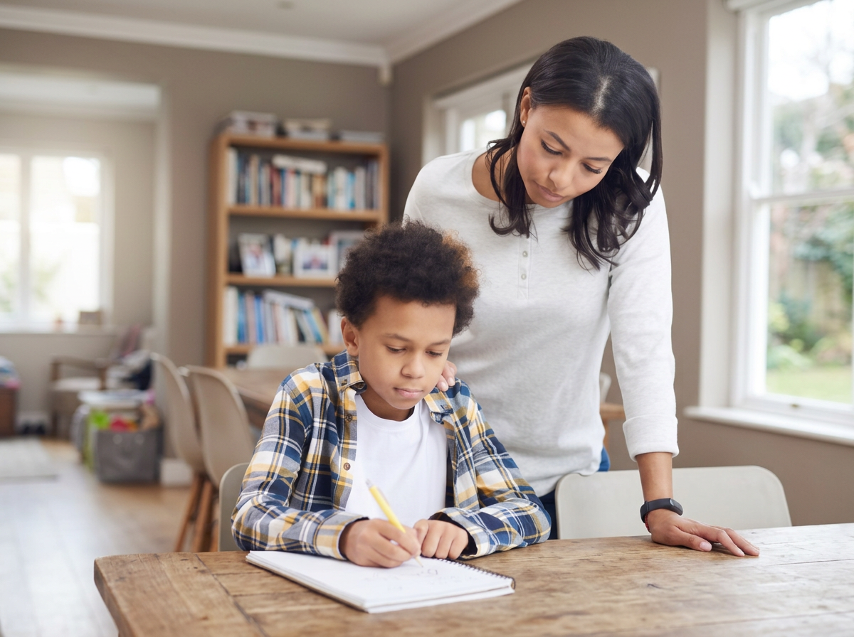A parent guiding a child through written schoolwork