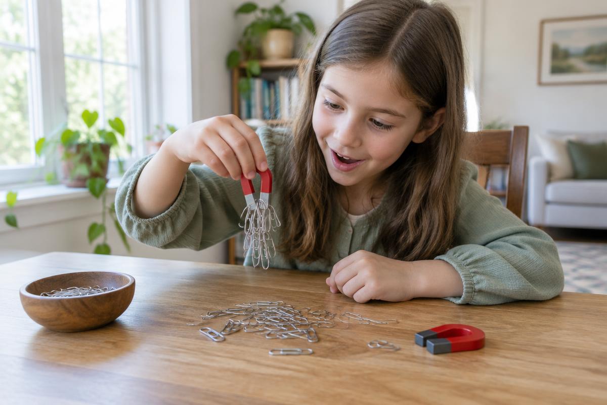 A curious child experimenting with a magnet and paper clips.