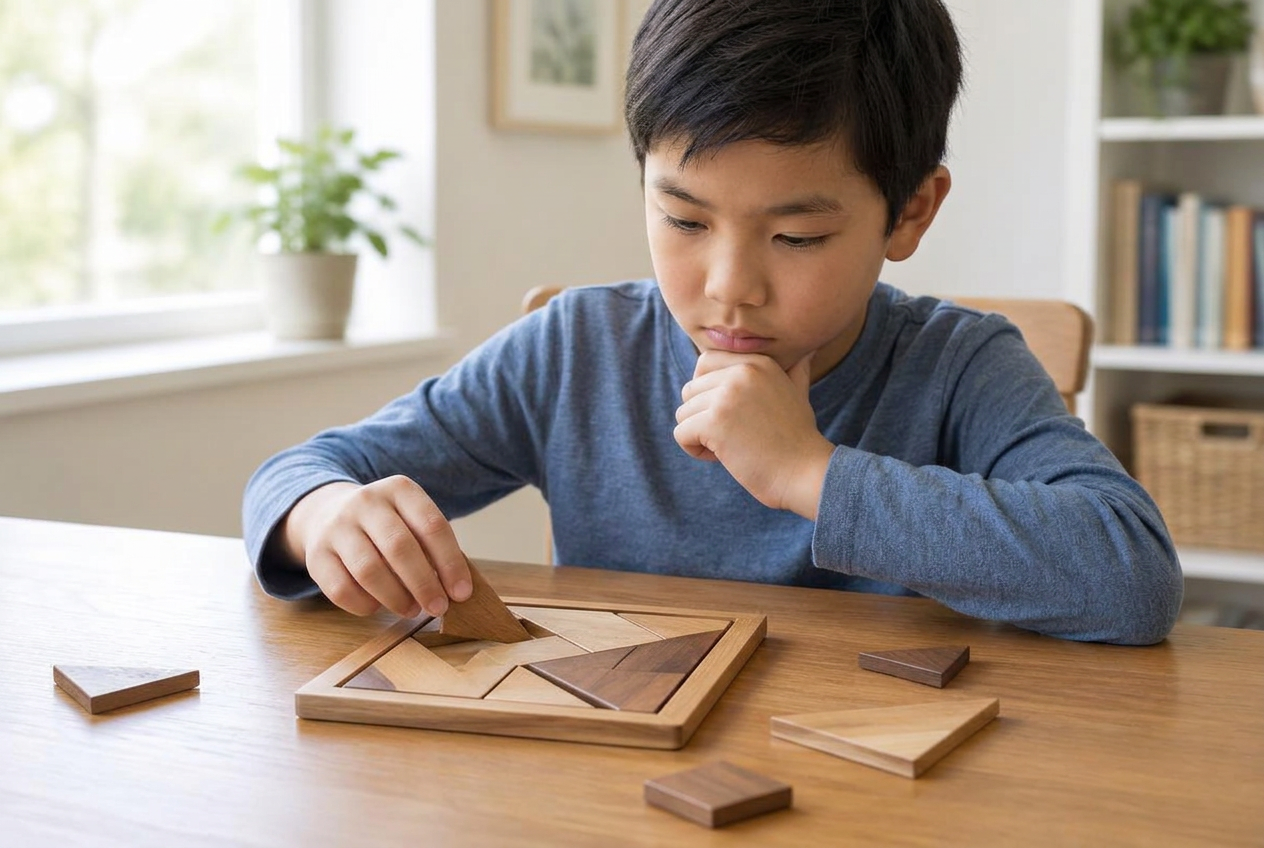 A child working through a wooden puzzle with concentration.