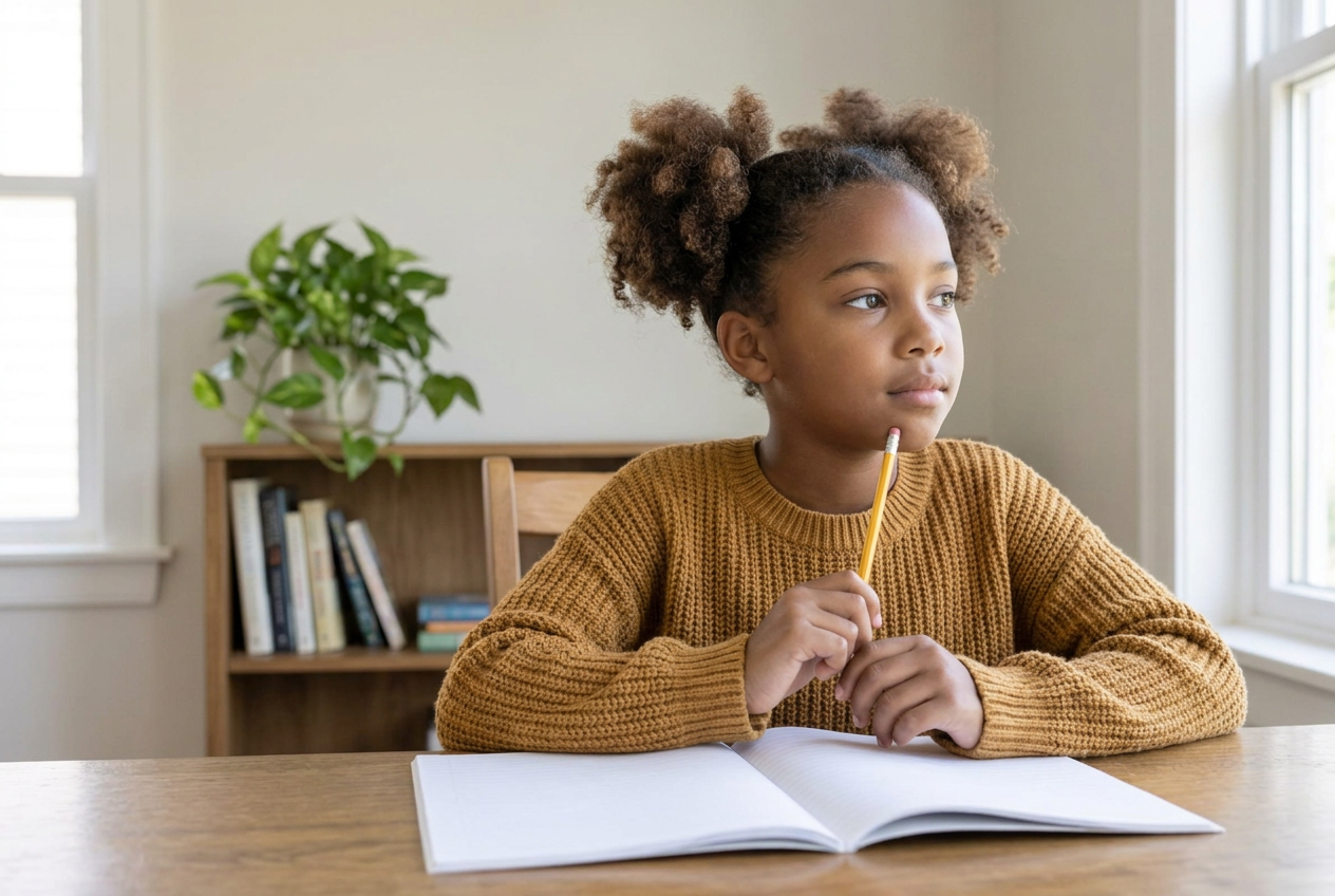 A child pausing thoughtfully beside an open notebook.