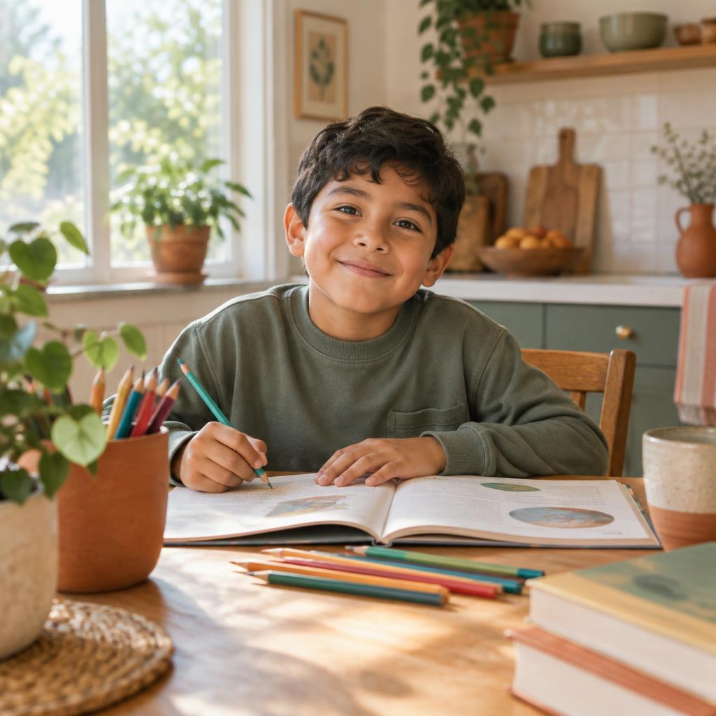A child learning happily at a sunny kitchen table.