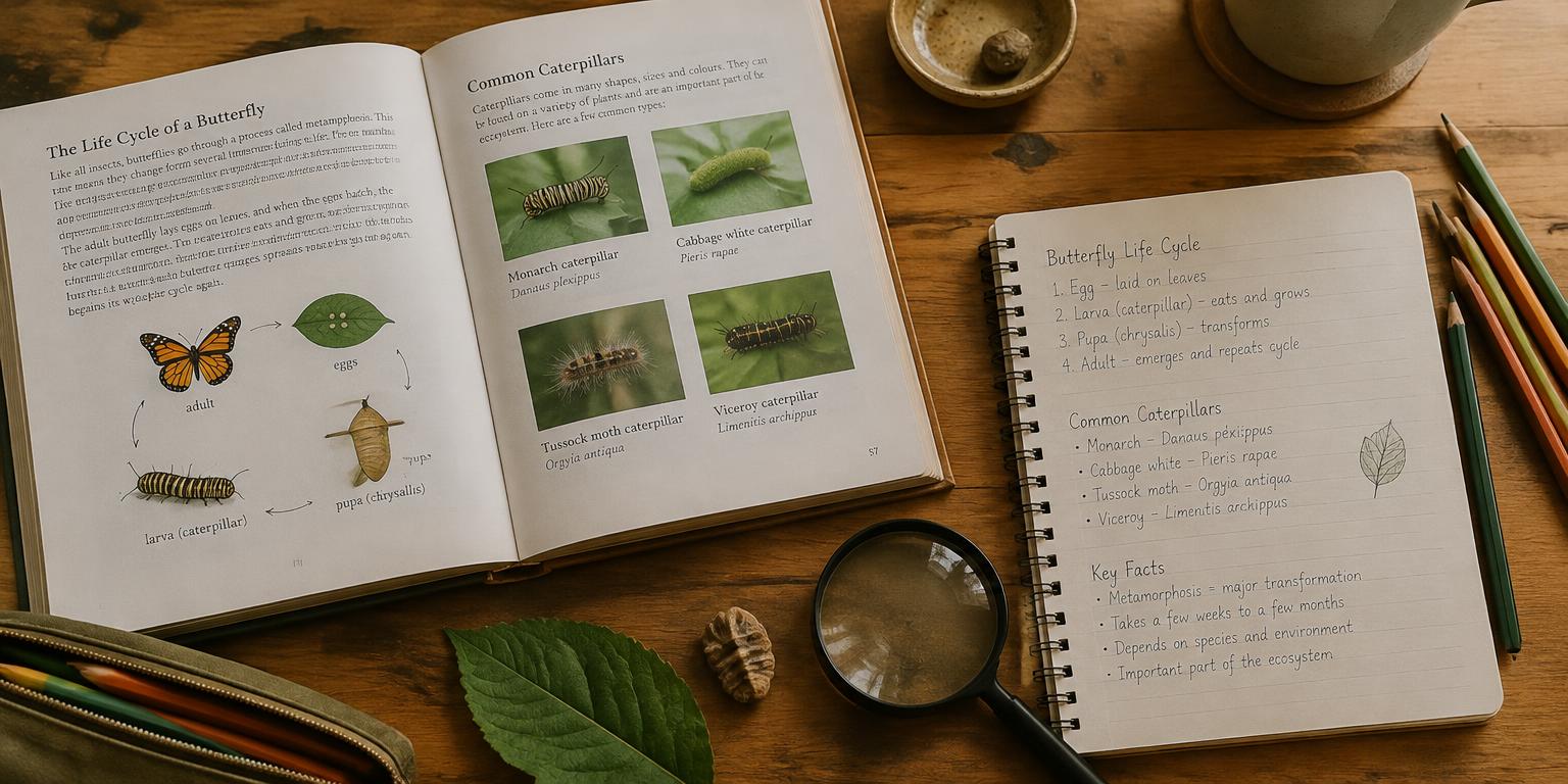 An open butterfly and caterpillar science book with observation notes on a wooden table