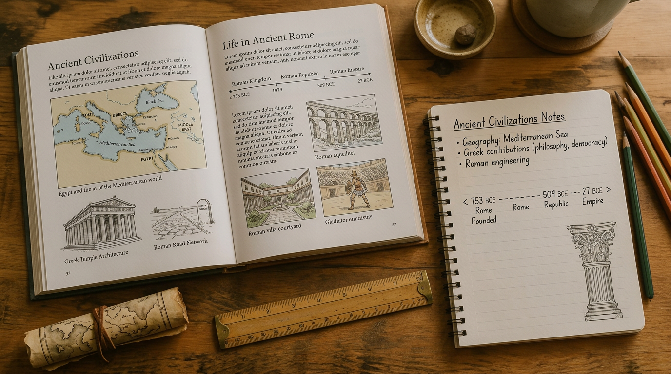 An open ancient civilizations history book with a map and timeline notes on a wooden table