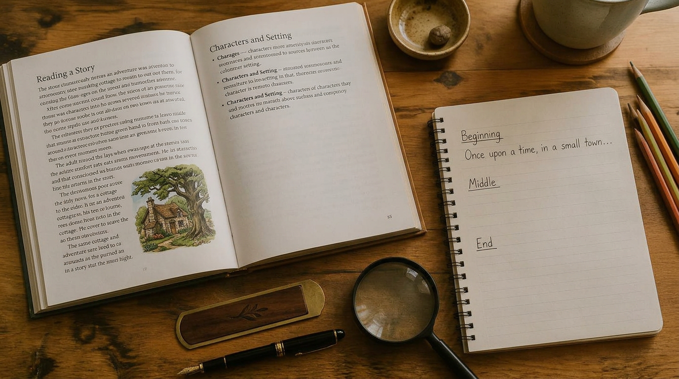 An open reading and writing book with story-planning notes on a wooden table