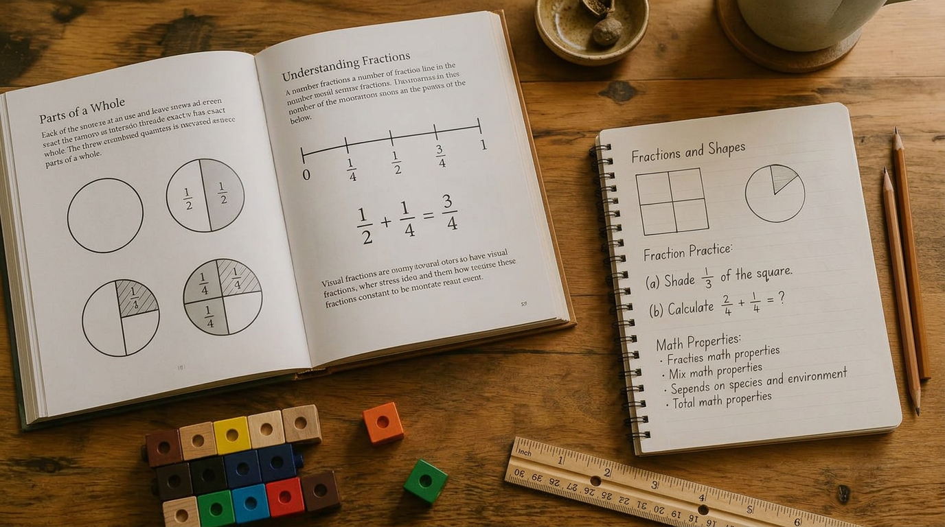 An open mathematics book with fraction diagrams, practice notes, and counting blocks on a wooden table