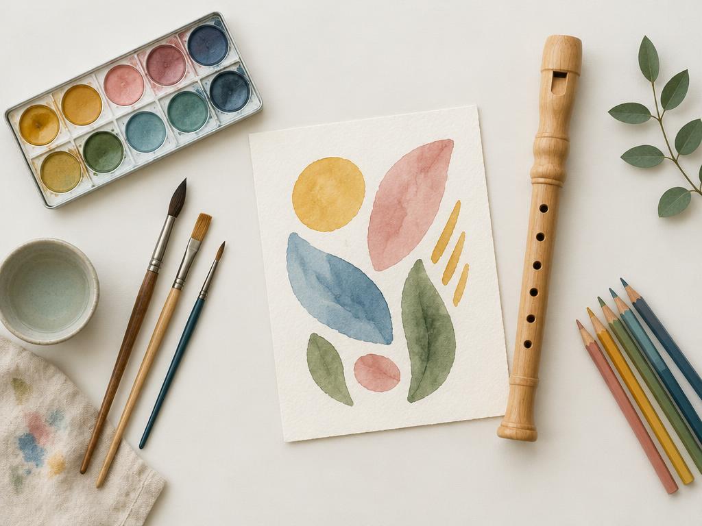 Watercolors, paintbrushes, colored pencils, and a wooden recorder