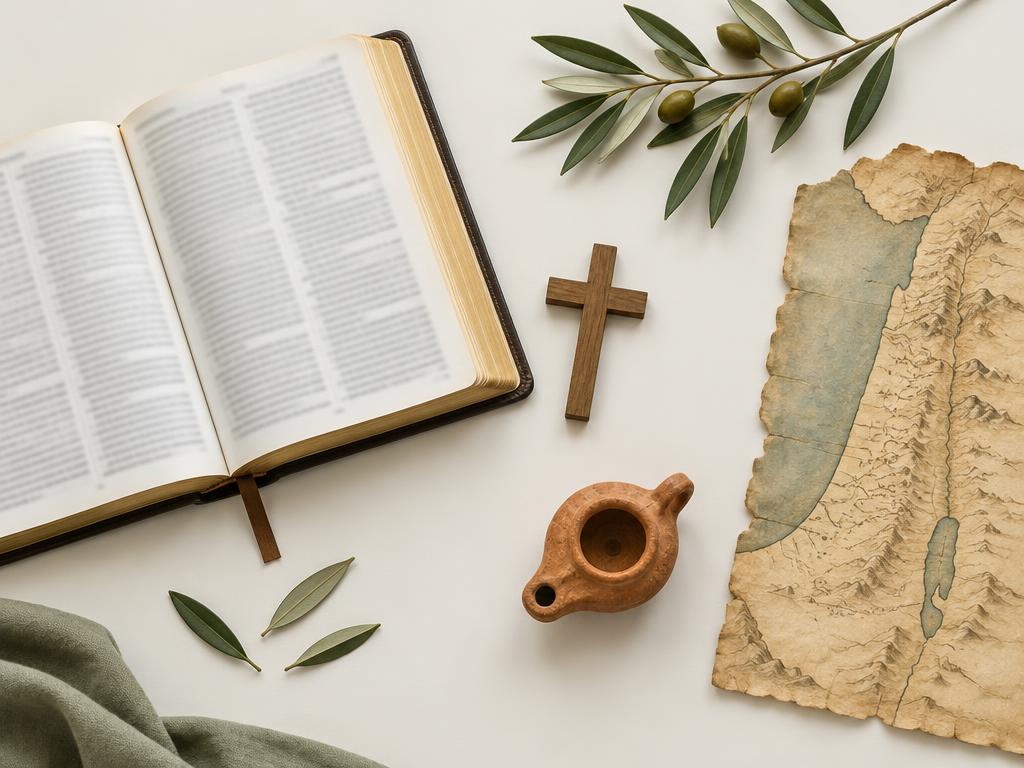 An open Bible, wooden cross, olive branch, and biblical map