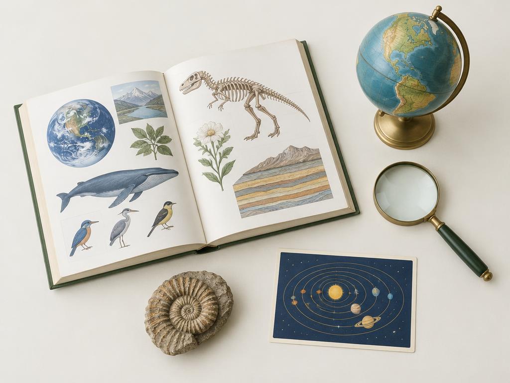 An illustrated encyclopedia, globe, fossil, and solar system diagram