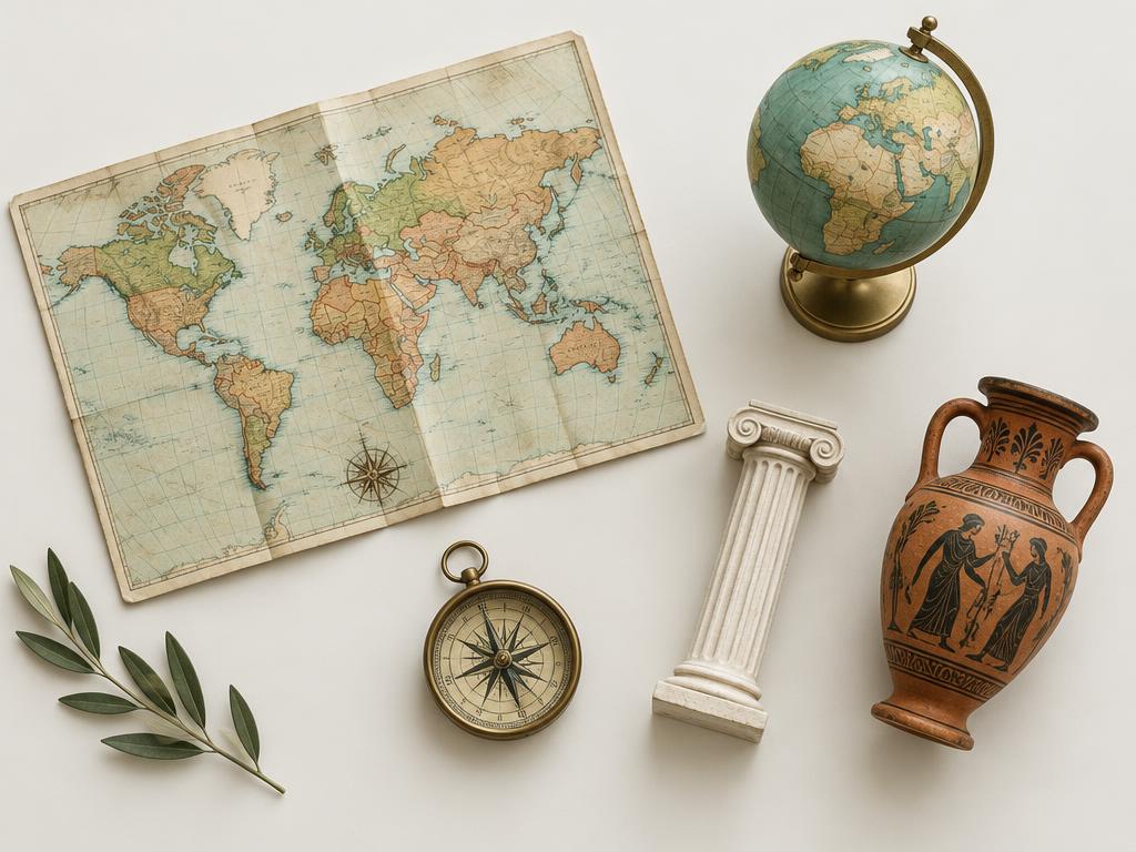 A world map, globe, compass, ancient column, and pottery