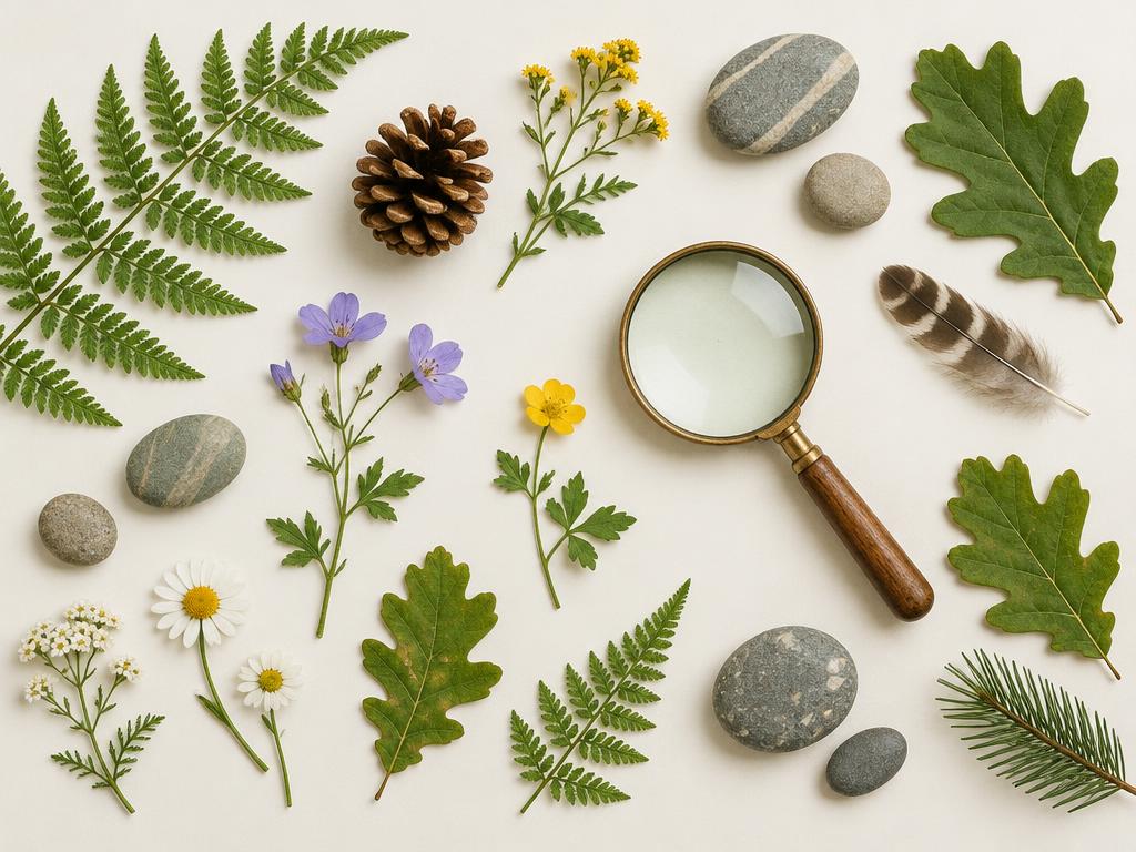 Ferns, leaves, wildflowers, stones, and a magnifying glass
