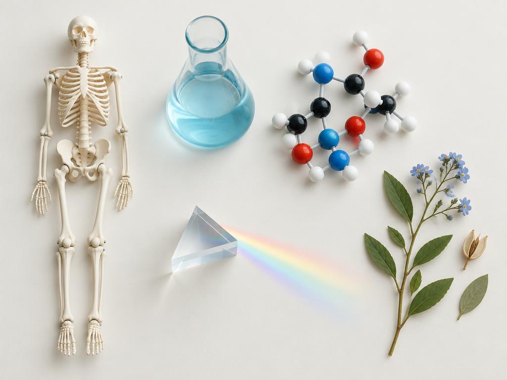 A skeleton model, science flask, molecules, and a prism