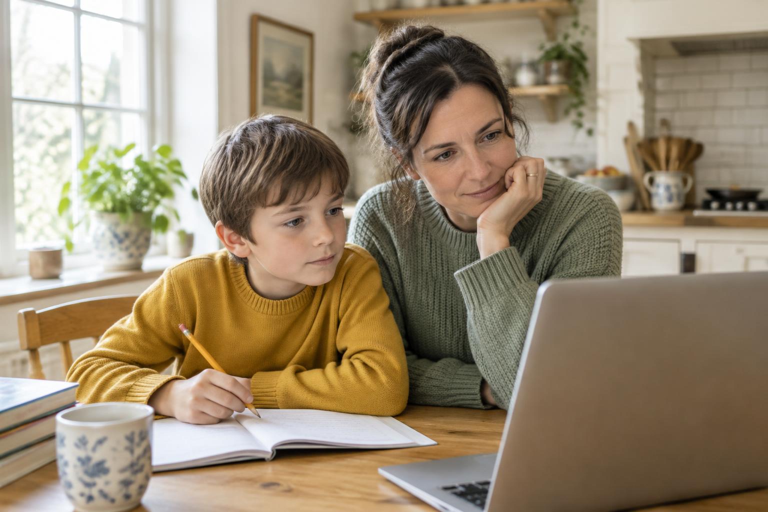 A mother and her elementary-age son thoughtfully exploring together on a laptop