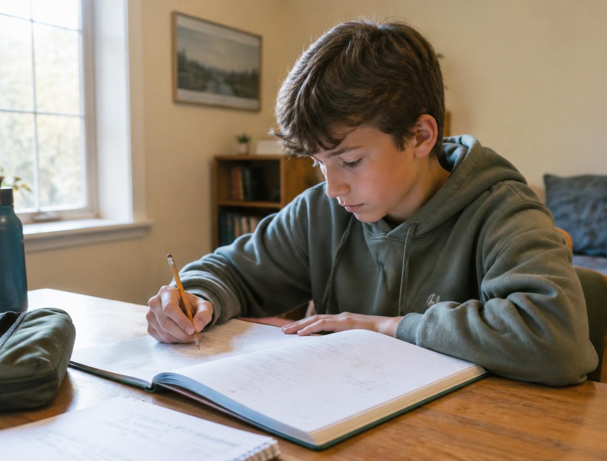 Photo of a teenage boy deeply absorbed in a single workbook at a wooden desk, pencil in hand.