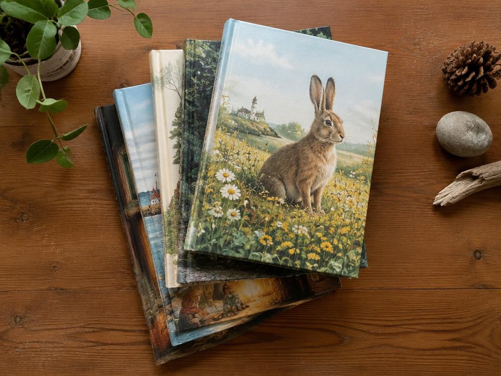A stack of illustrated children's books on a wooden table