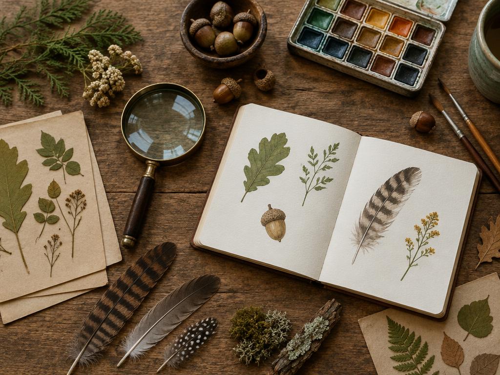 Nature-study table with a magnifying glass, pressed leaves, feathers, and watercolors