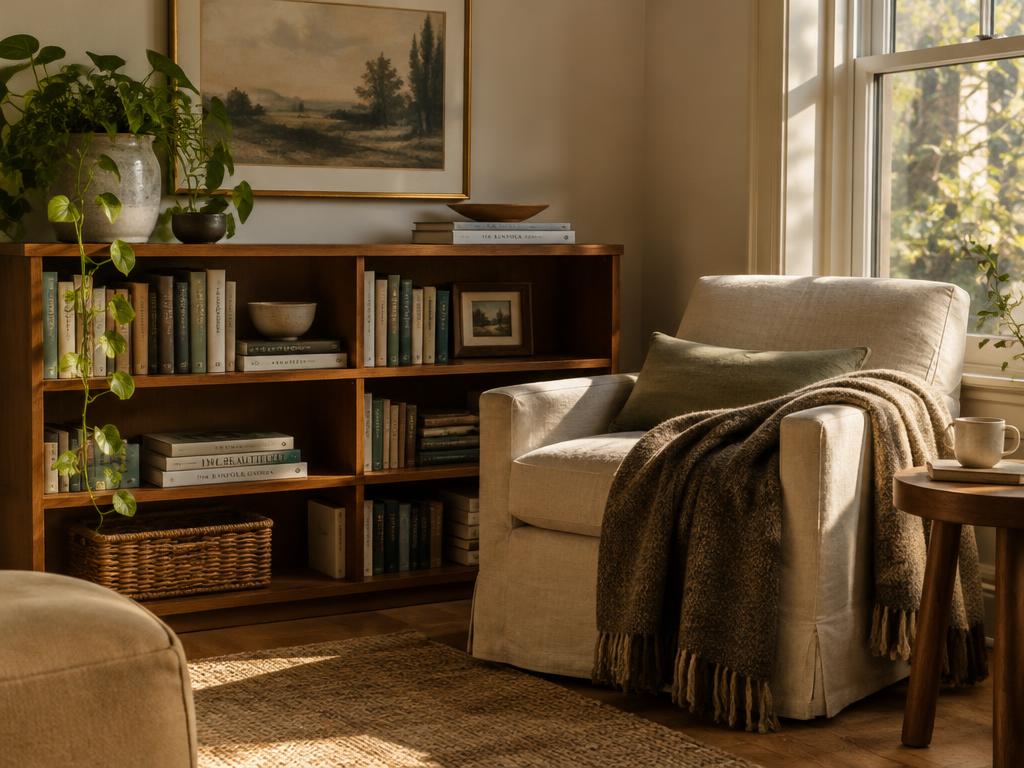A cozy reading corner with an armchair and a curated bookshelf