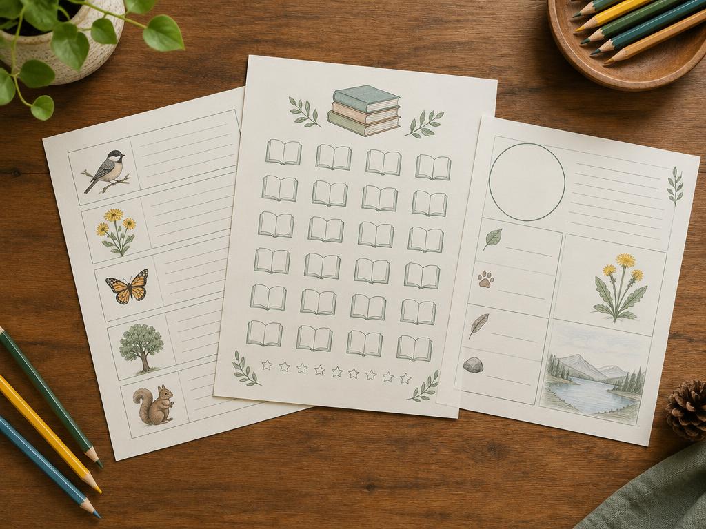 Printed reading tracker and nature observation pages with colored pencils