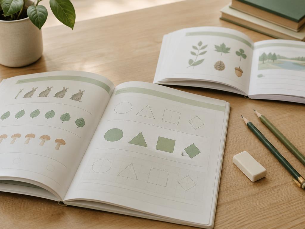 Open workbooks beside pencils and an eraser on a light wooden desk